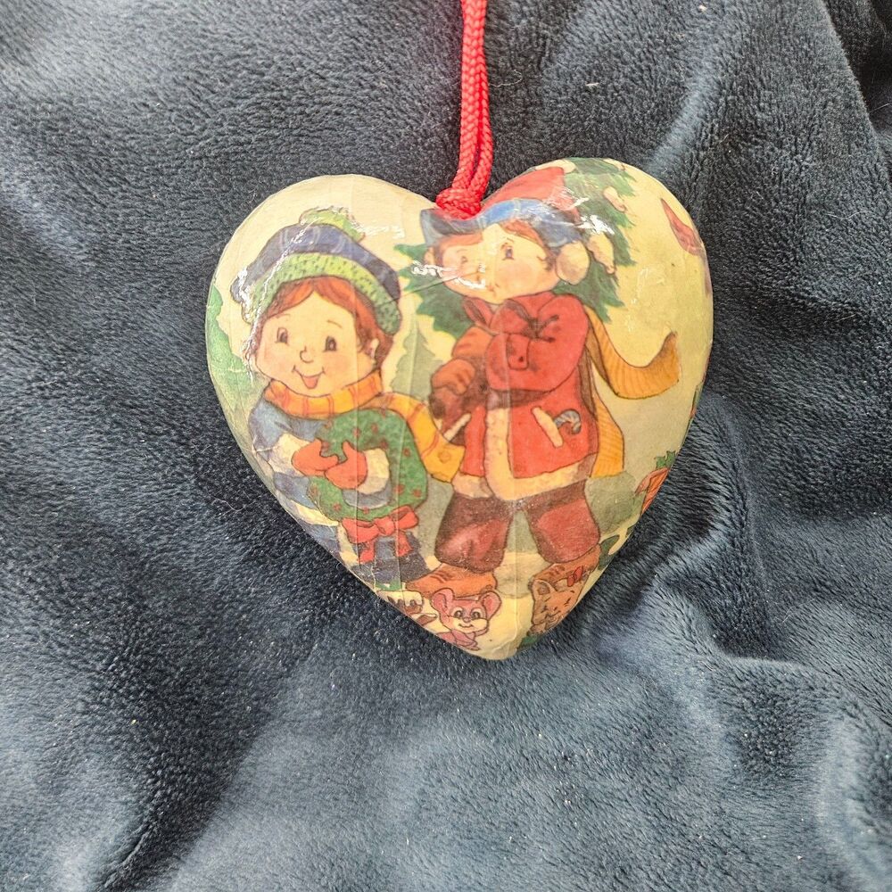 Vintage Victorian style Paper Mache Heart Christmas Ornament Cottage Core